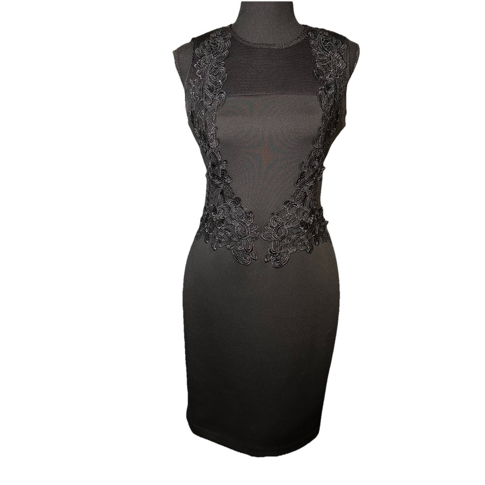 Calvin Klein Black Neoprene Lace Embroidered Pencil Dress 4 Mini Sleeveless